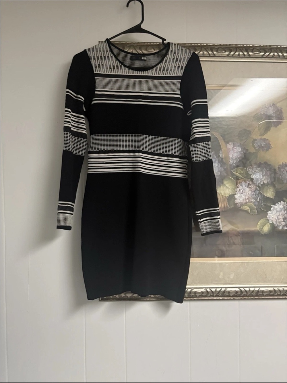 RVN Black and White Striped Long Sleeve Knit Sheath Dress